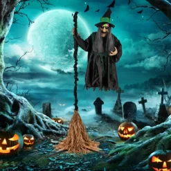 Tangkula Witch With Broomstick Halloween Animatronic Life Size Animated Halloween Prop With Laughing And Screaming Sound LED Lights -Halloween Costume Store GUEST 0585b10b ff3d 4e07 9824 bbcd864a8715