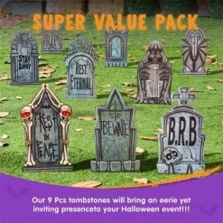 Joyfy 9 Pcs 16" Halloween Tombstones Outdoor Cemetery Decor, Yard Lawn Graveyard Plastic Headstones With 18 Metal Stakes For Party Prop Supplies -Halloween Costume Store GUEST 2b080a8d c1a3 4568 9aec b7d51c113981