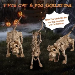 Yescom 2Pcs Poseable Dachshund Dog And 1 Pcs Cat Skeleton Life Size Pet Animal Halloween Yard Decor