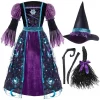 Joyfy Halloween Costume Witch Dress With Broom And Hat For Girls, Kids Moon Shimmer Costume Set For Wizard Role Play Themed Parties