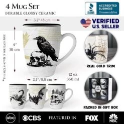 Elegant Goth Set Of 4 Ceramic Mugs With Real Gold Trim, Black And White Halloween Coffee Cup Kitchen Gift
