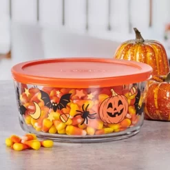 Anchor 7c Pumpkins Bats Spiders Glass Food Storage Container