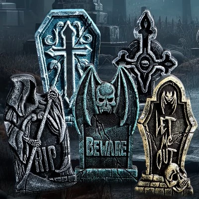 Joyfy 5Pcs 17" Halloween Foam RIP Graveyard Tombstones Decorations, Headstones Graveyard Cemetery Gravestones Prop With 12 Stakes, Yard Lawn Garden 1 Joyfy 5Pcs 17" Halloween Foam RIP Graveyard Tombstones Decorations, Headstones Graveyard Cemetery Gravestones Prop With 12 Stakes, Yard Lawn Garden