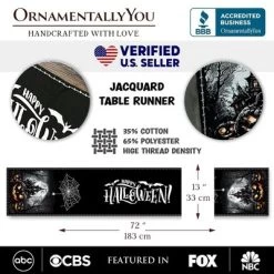 Haunted Horrors 72" Table Runner, Jacquard Halloween Home Black Tablecloth Decoration With Pumpkins And Spiderwebs| OrnamentallyYou