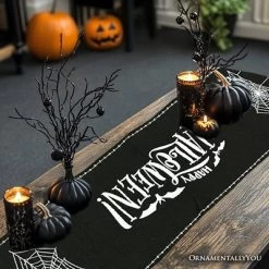 Haunted Horrors 72" Table Runner, Jacquard Halloween Home Black Tablecloth Decoration With Pumpkins And Spiderwebs| OrnamentallyYou -Halloween Costume Store GUEST 581ba45e 703a 4dda a168 94237ff0b217