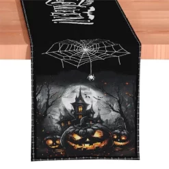 Haunted Horrors 72" Table Runner, Jacquard Halloween Home Black Tablecloth Decoration With Pumpkins And Spiderwebs| OrnamentallyYou -Halloween Costume Store GUEST 5d19fe85 78f3 464b a7ba c02f24ea88ce