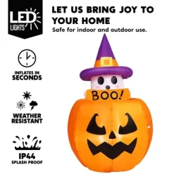 Joyfy 5FT Halloween Inflatables Outdoor Decorations, Animated Inflatable Ghost On Pumpkin With LEDs For Halloween Outdoor Yard Lawn Garden Decoration