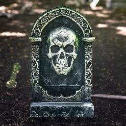21" Light-Up Tombstone With Skull Halloween Decoration