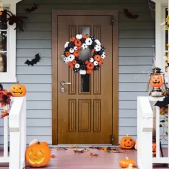 18 Inch Halloween Fall Wreath For Front Door, Black Orange White Artificial Pumpkin Wreath For Fall And Halloween Indoor Outdoor Home Party Decor -Halloween Costume Store GUEST 7db07b93 ad70 4d81 b7d4 8615e8ab233f