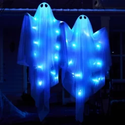 Joyfy 47” Halloween Hanging Ghost Outdoor Decoration, Flying Ghosts With Warm LED Light Party Decor Prop For Front Yard Patio Garden 2 Pack