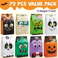 Joyfy Halloween Party Favors 72PCS Halloween Trick Or Treat Candy Bag Pastries Goodie Paper Bags With Stickers For Kids Exchange Supplies 6 Styles