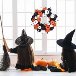 18 Inch Halloween Fall Wreath For Front Door, Black Orange White Artificial Pumpkin Wreath For Fall And Halloween Indoor Outdoor Home Party Decor -Halloween Costume Store GUEST a1f5014f 1815 4d46 be29 36525c1d920e