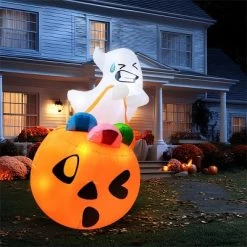 Joyfy 5 FT Halloween Inflatables Outdoor Decorations, Inflatable Cute Ghost Lift Pumpkin Candy Bag With LEDs For Halloween Yard Garden Lawn Decoration -Halloween Costume Store GUEST a3296f5c 3b73 4203 978f 7776f30ecc4b