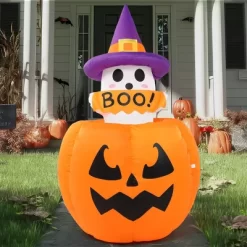 Joyfy 5FT Halloween Inflatables Outdoor Decorations, Animated Inflatable Ghost On Pumpkin With LEDs For Halloween Outdoor Yard Lawn Garden Decoration -Halloween Costume Store GUEST ce565881 eb78 4b39 99a1 175ab8fe3c07