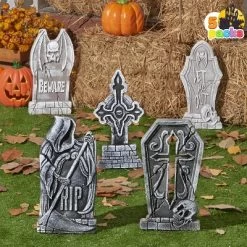Joyfy 5pcs 17" Halloween Foam Tombstones Decoration, Halloween Graveyard Headstone Prop Cemetery Decoration With 12 Metal Stakes, Outdoor Yard Lawn