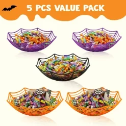 Joyfy 5pcs Halloween Plastic Spider Web Bowls Candy Basket, Candy Bowl Tableware Decorations, Halloween Candy Dish Trick Or Treat Party Supplies