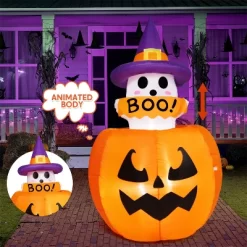Joyfy 5FT Halloween Inflatables Outdoor Decorations, Animated Inflatable Ghost On Pumpkin With LEDs For Halloween Outdoor Yard Lawn Garden Decoration -Halloween Costume Store GUEST ee9b4817 8e2e 4f62 a8c2 5c6069c34d9c