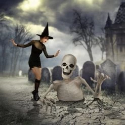 BOO BOX Halloween 48" Groundbreaking Skeleton, White - Scary Outdoor Halloween Decorations For Yard