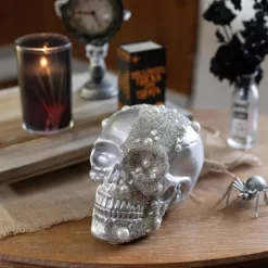 Halloween Pirate Treasure 8" Skulls (2pk) -8" Human Heads With Gem Studded Rhinestones - Indoor Home Decorations, Skeleton Prop Sculptures- Fall Party